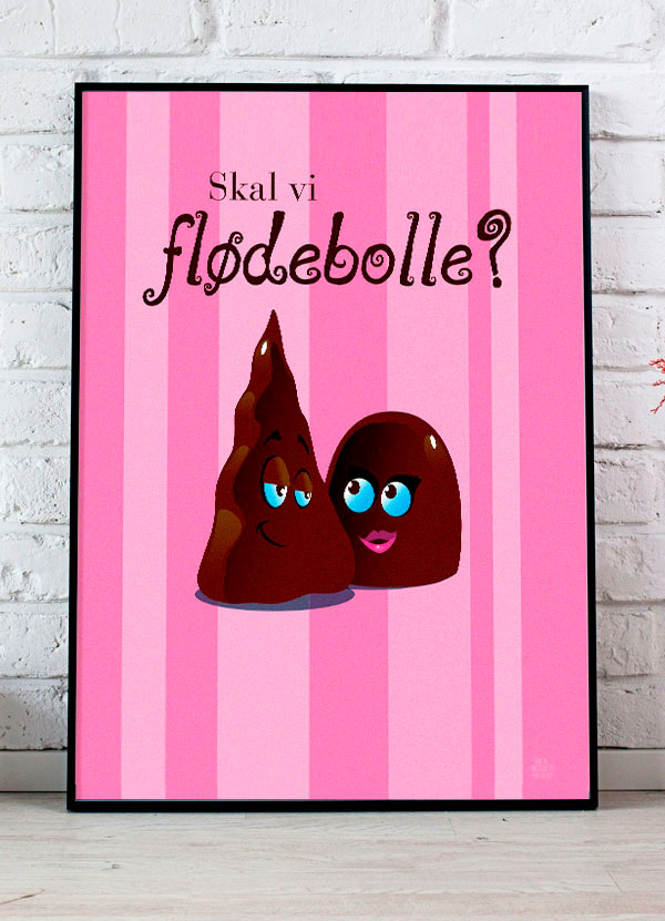 Skal vi flødebolle-plakat i med flot lyserød baggrund - detbedstehjem.dk
