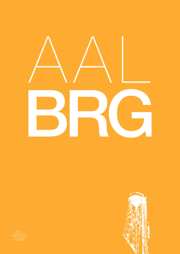 Aalborg-plakat med Aalborg tårnet - gul baggrund. Detbedstehjem.dk